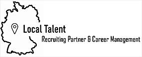Logo mit Deutschlandsilhouette, Punktmarkierung und Text: „Local Talent – Recruiting Partner & Career Management“. Schwarz-weiß gestaltet.