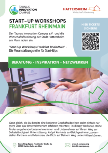 Flyer für Start-up Workshops in Hattersheim mit Infos, QR-Code, Laptopbild und grünem Slogan: Beratung – Inspiration – Netzwerken.