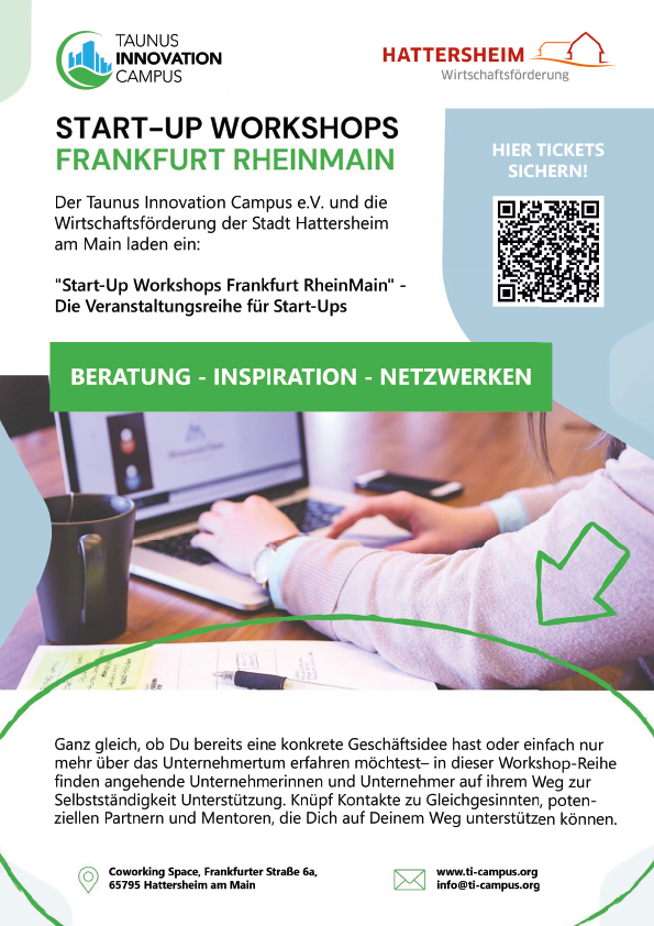 Flyer für Start-up Workshops in Hattersheim mit Infos, QR-Code, Laptopbild und grünem Slogan: Beratung – Inspiration – Netzwerken.