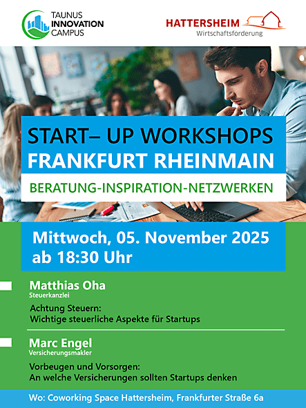 Flyer für Start-up Workshops in Hattersheim mit Infos, QR-Code, Laptopbild und grünem Slogan: Beratung – Inspiration – Netzwerken.